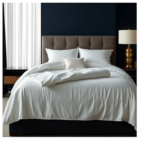 Cama blanca en dormitorio azul profundo